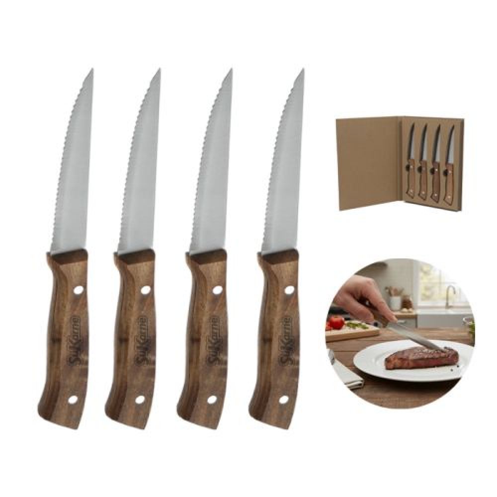 Set de 4 cuchillos de acero inoxidable para carne, con mango de madera de acacia. Presentación: caja individual imagen
