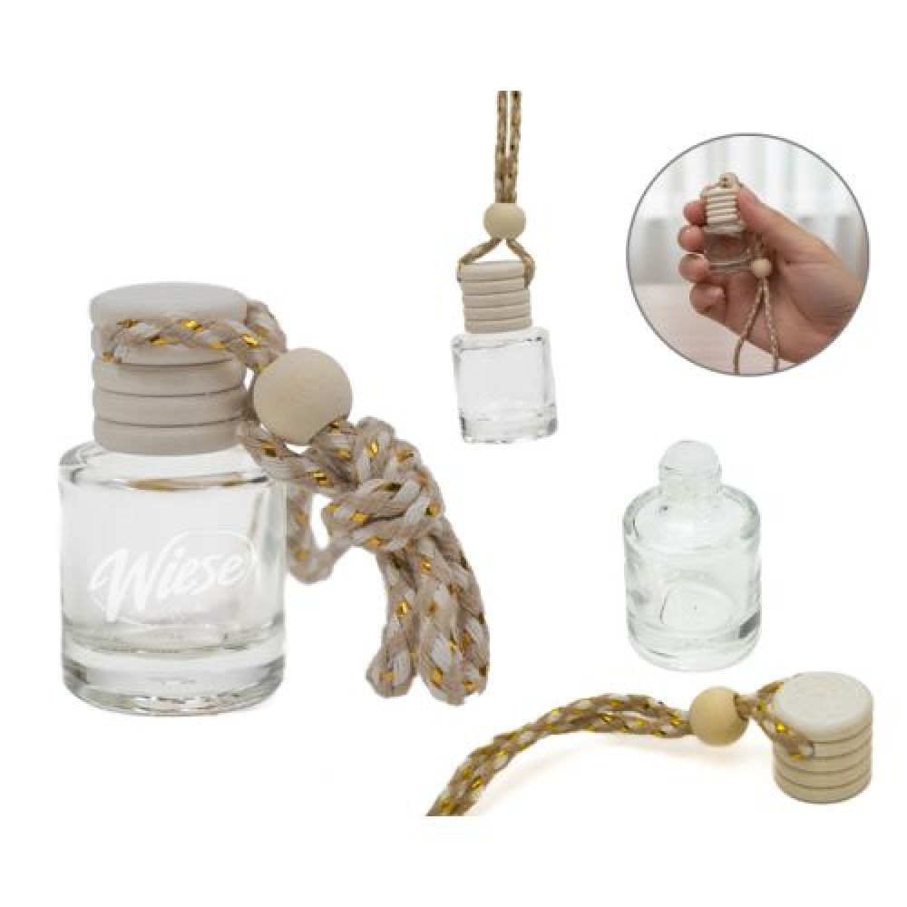Botella difusora de vidrio de 5 ml. para aceites aromáticos o fragancias, la tapa de madera se impregna y desprende el aroma contenido. Ideal para coches, closets o lugares pequeños. Cuenta con cinta ajustable para colgarse. NO incluye fragancia. imagen