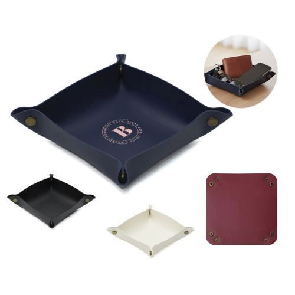 Bandeja de mesa de cuero PU para llaves, lentes, celular, monedas, etc.; cuenta con broches a presión en las esquinas para armar la charola. Útil para mantener organizada la mesa de entrada, buró, escritorio, baño imagen