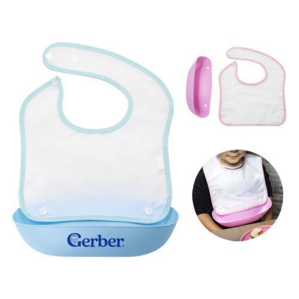 Babero impermeable para bebé de dos piezas, se ajusta de forma segura con broches a presión en el cuello. Incluye un bolsillo removible con broches a presión para atrapar los alimentos, evitando que caigan al piso imagen