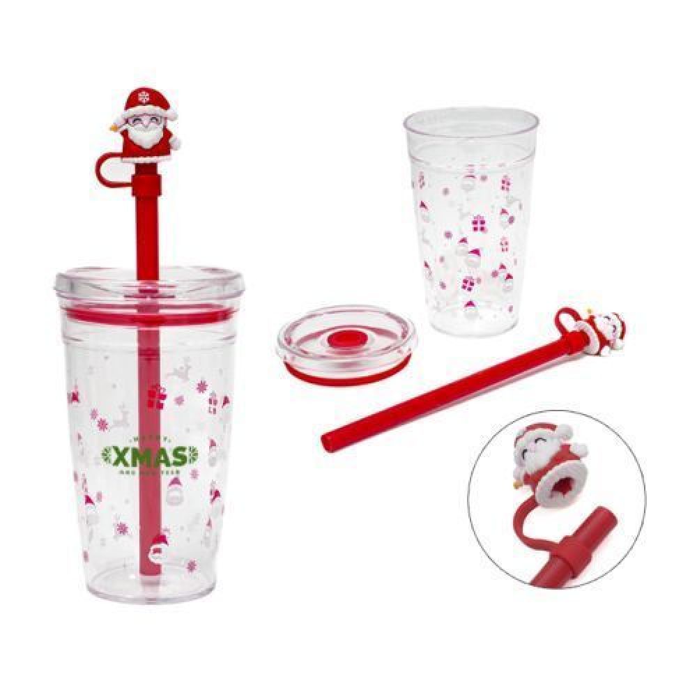 Vaso coleccionable de plástico transparente con motivos de Navidad, cuenta con tapa a presión anti derrames, sellos de silicón y popote rojo con protector de popote en forma de Santa Claus. Es ideal para bebidas frías. CAP. 450ml. imagen