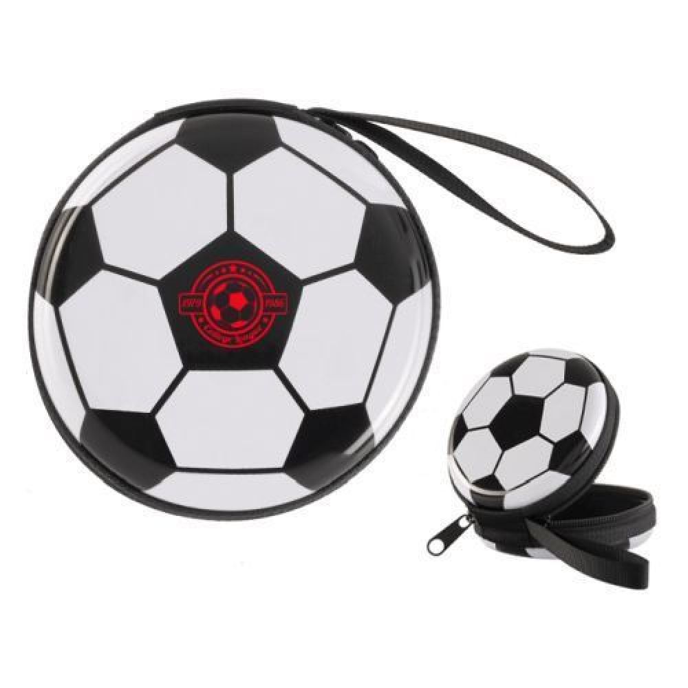 Estuche monedero en forma de balón de soccer, cuenta con cierre lateral doble y jareta. imagen