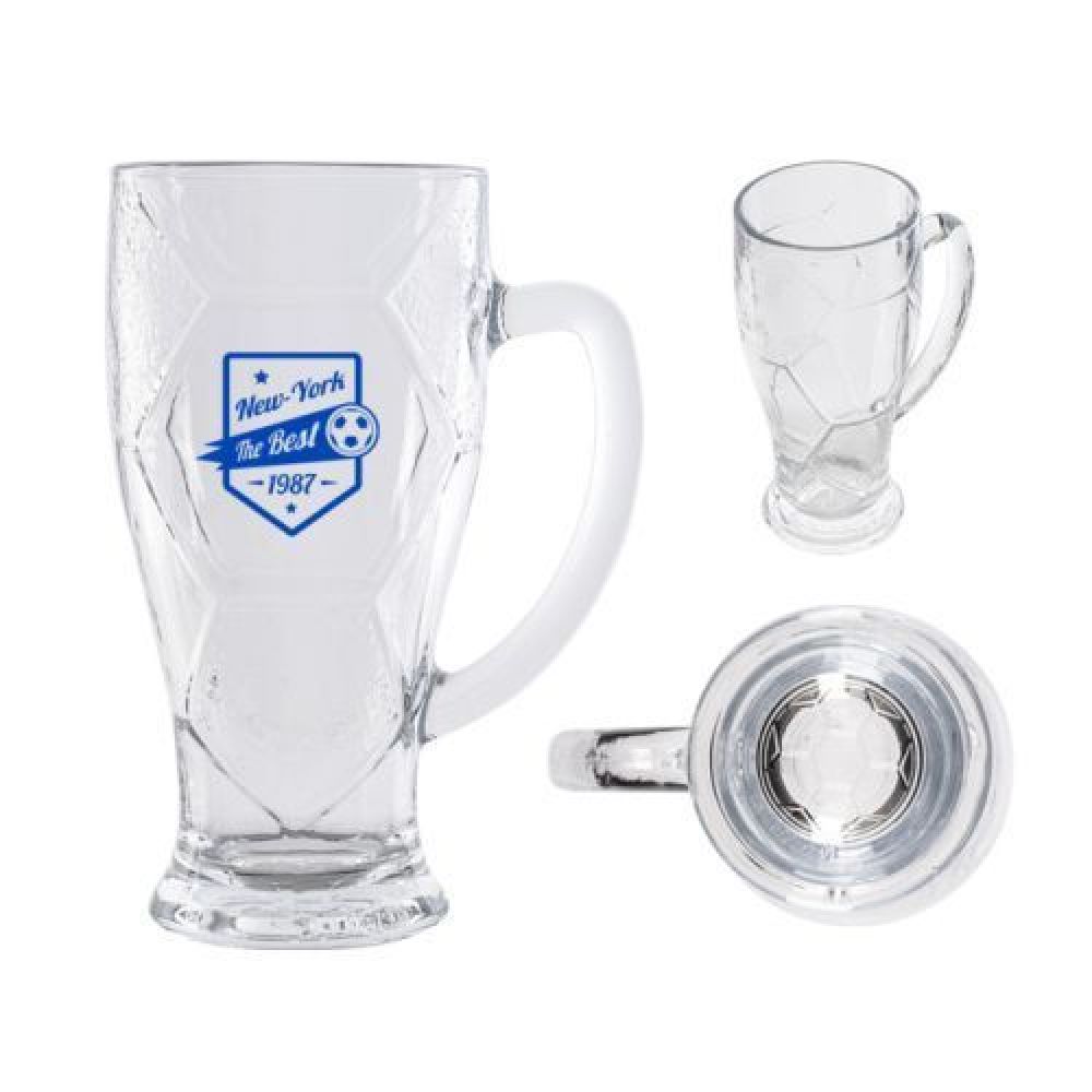 Tarro de vidrio para cerveza, con diseño de hexágonos de balón de fútbol soccer. CAP. 420 ml. (14 OZ). imagen