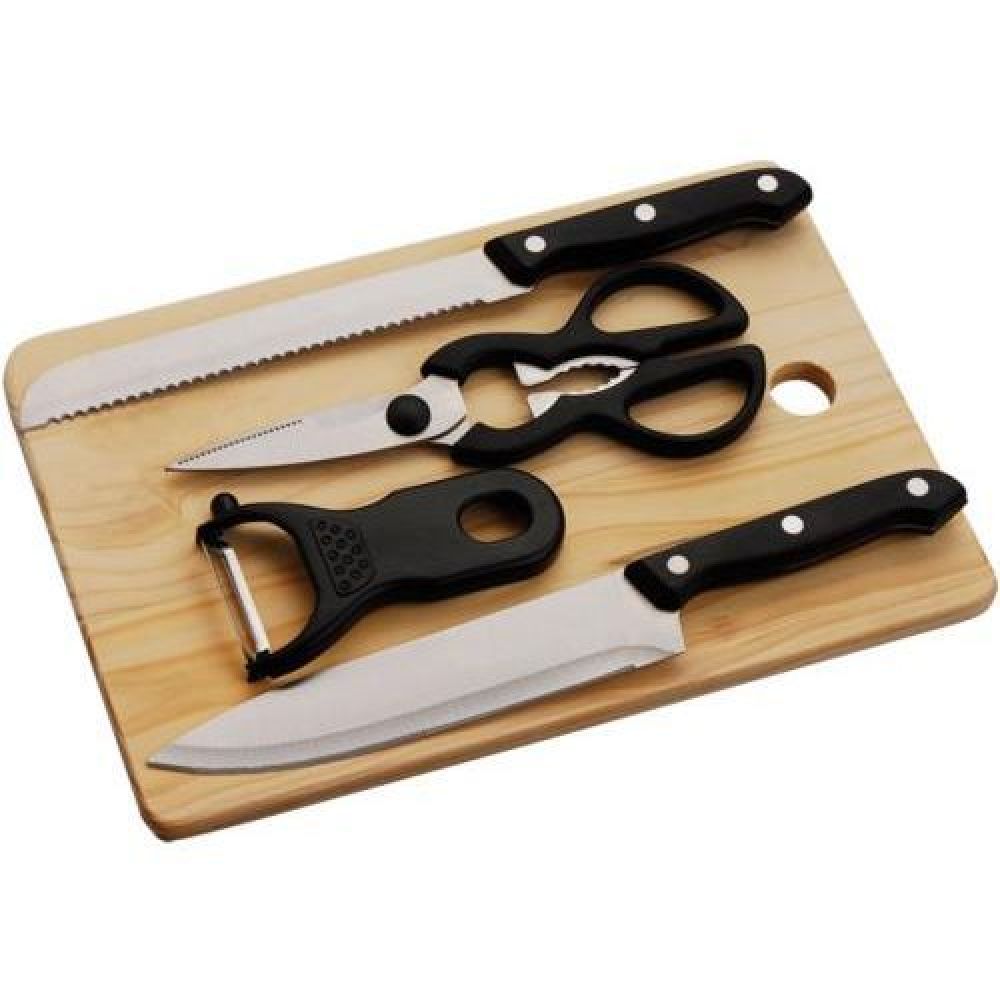 KIT DE COCINA  5PZS.    Juego de cuchillos con tabla de madera para picar, tijera multifuncional, pela papas, cuchillo para pan y cuchillo de cocina. Presentación: caja en color blanco. imagen