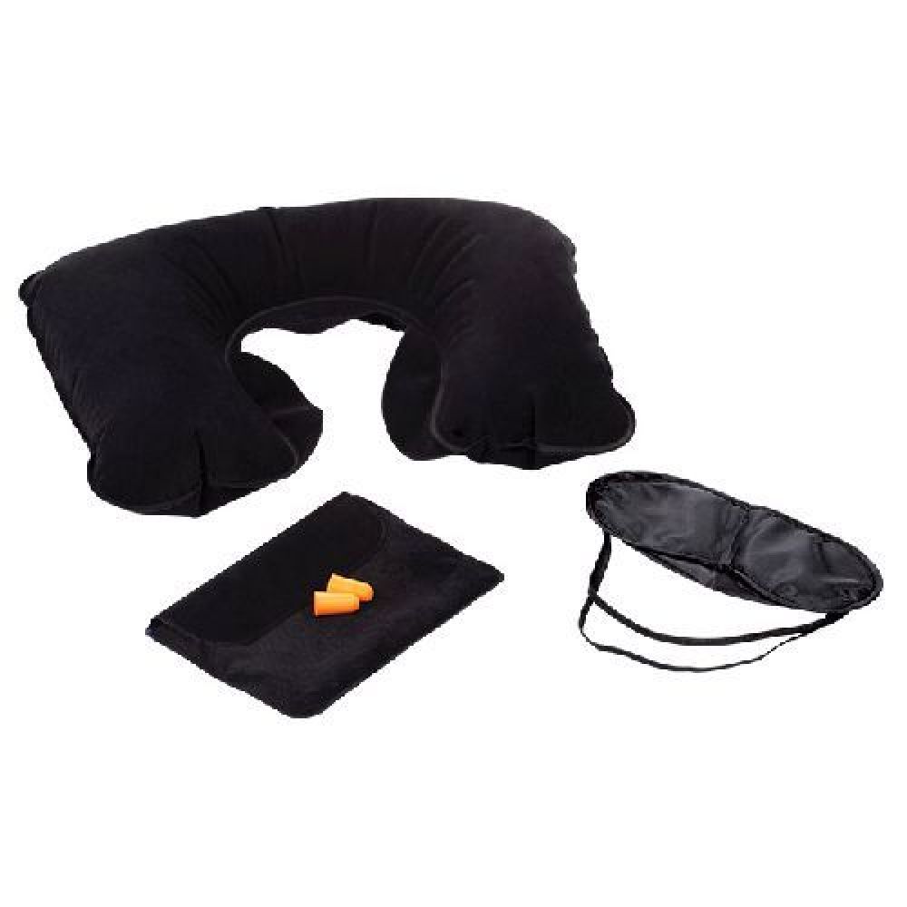 KIT DE SIESTA VIEVET   Kit de siesta para viaje que cuenta con: Almohada inflable con pivote (para cuello), antifaz con cinta elástica y tapones de espuma desechables. Incluye estuche con exterior de terciopelo para guardar. imagen