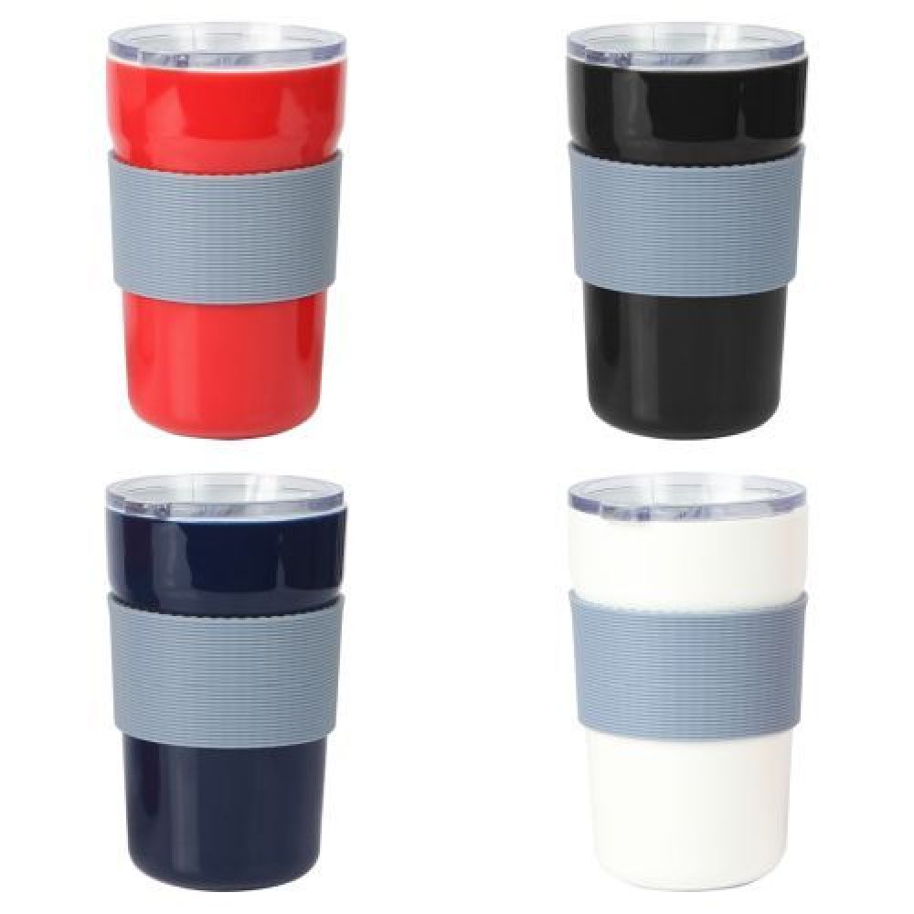 VASO DE CERAMICA CON TAPA DESLIZABLE DE PS Y MANGA DE SILICON.  CAPACIDAD 400 ML, imagen