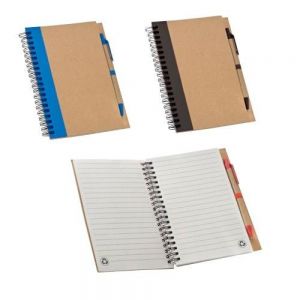 Cuaderno con 70 hojas rayadas fabricadas en papel reciclado, encuadernación espiral y bolígrafo, Mod. Jasper