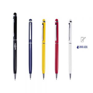 Bolígrafo metálico delgado y ligero de tinta azul, es de color sólido con acabado brillante, cuenta con clip, punta y detalles en cromo. Tiene touch del color del bolígrafo para dispositivos táctiles. Mecanismo retráctil.