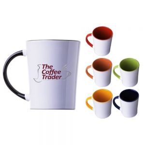 TAZA CONICA BICOLOR 14 OZ BICOLOR ARLES  Tarro de cerámica bicolor, forma cónica, con asa en combinación, con color interior brillante, acabado liso vitrificado. CAP. 14 OZ. Venta en múltiplos de 12.