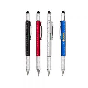 BOLIGRAFO PLASTICO HEXA   Bolígrafo de plástico 6 en 1, diseño de cuerpo hexagonal que cuenta con regla de 7 cm y 3 pulgadas, nivelador y clip de metal. Puntero para pantallas táctiles. Incluye punta destornillador plano y de cruz, que se guarda y fija en el cuerpo de la pluma. Mecanismo retráctil.