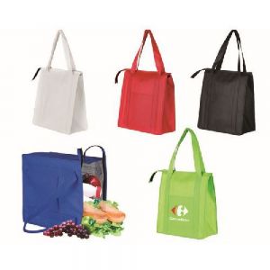 LONCHERA ECOLÓGICA PAOLA   Lonchera ecológica tipo bolsa con interior térmico, fondo plano, cierre superior, compartimento frontal y asas reforzadas cosidas al cuerpo de la bolsa.