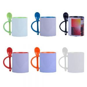 TARRO BICOLOR DE SUBLIMACIÓN C/CUCHARA 11 OZ MIRZA   Tarro de cerámica con cuchara para sublimación. El asa, cuchara e interior de la taza son de color diferente. CAP. 325 ml. (11 OZ). Presentación: caja en color blanco.