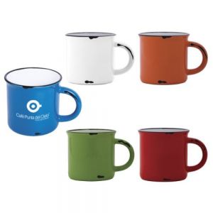 TAZA BICOLOR 14 OZ VINTAGE    Taza de cerámica de boca abierta. Exterior con efecto retro, tipo peltre. CAP. 14 OZ.