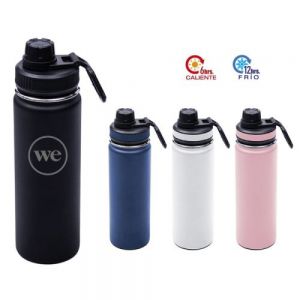 TERMO DE ACERO INOXIDABLE DE 600 ML. Termo de doble pared insulado al alto vacío con acabado de polvo plástico. Mantiene las bebidas frías por 12 hrs y calientes por 6 hrs. Tapa de rosca con asa para sujetarlo fácilmente. CAP. 600 ml. Presentación: Caja en color blanco.