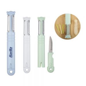 PELADOR PORTÁTIL FESTIN  Utensilio de cocina con pelador y rallador de alimentos que cuenta con un cuchillo portátil fácil de usar. Presentación: caja en color blanco.