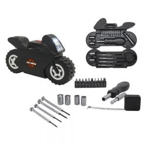 SET DE HERRAMIENTAS MOTOCROSS   Set de herramientas con luz LED en forma de motocicleta que incluye: 4 dados, desarmador con adaptador y extensión, 10 puntas, 4 desarmadores relojeros con imán y un flexómetro de 100 cms (1m). 4 baterías incluidas de botón. Presentación: Caja en color blanco.