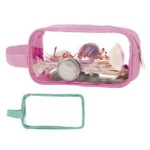 ESTUCHE CON ASA LUCY   Estuche para accesorios con cierre, ventana transparente y asa para agarrar.
