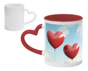 TARRO BICOLOR DE SUBLIMACIÓN 11 OZ DEAR Tarro de sublimación de cerámica blanco con asa en forma de corazón. El interior y el asa son del mismo color. CAP. 325 ml. (11 OZ). Venta en múltiplos de 12.