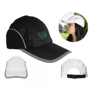 GORRA DEPORTIVA DE SECADO RAPIDO   Gorra deportiva de 3 gajos, con malla transpirable y de secado rápido, con orilla de tela reflejante, cuenta con broche de plástico de seguridad y cinta de resorte ajustable.