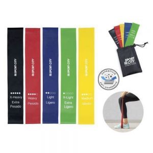 SET DE LIGAS DEPORTIVAS GYMTIME Set de ligas de resistencia de latex antiadherible de diferente tensión para ejercicio 5 en 1: cada liga cuenta con diferente tipo de dureza de acuerdo al nivel de ejercicio: color verde - extra ligero, azul - ligero, amarillo - medio, rojo - pesado y negro - extrapesado. Cuenta con funda con jareta para guardar.