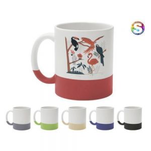 TARRO BICOLOR    DE SUBLIMACIÓN 11 OZ GRES   Tarro blanco mate de arcilla para sublimación, con base y media asa de color. CAP. 325 ml. (11 OZ).