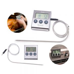Termómetro de cocina con pantalla digital con funciones de: medición de temperatura para alimentos, temporizador y botón de alarma. Los botones frontales marcan los minutos, segundos y temperatura en grados Centígrados o Fahrenheit, de acuerdo a la función que se elija. Timer de hasta 99 minutos; Rango de resistencia: de -50 a 300 grados centígrados. Incluye: aguja térmica de acero