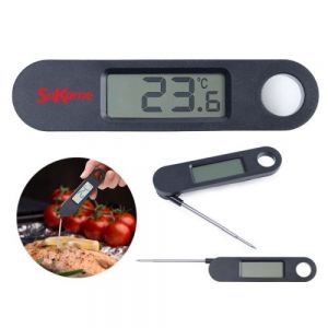Termómetro de cocina con pantalla digital, cuenta con aguja plegable de acero inoxidable para medir la temperatura de carnes, agua o alimentos; tiene arillo para colgarse o sostenerse e imán en la parte trasera. El termómetro se apaga automáticamente en un lapso de 10 min. Botón de unidad de Medición: grados centígrados y grados Fahrenheit, Rango de resistencia: de -20