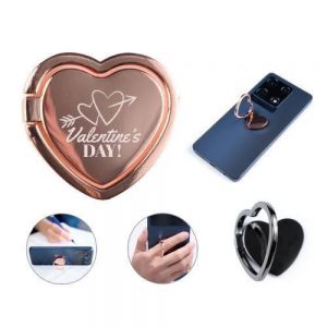 Anillo con soporte para celular plegable en forma de corazón que se adhiere en la parte trasera del dispositivo móvil.
