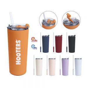 Termo de doble pared de acero inoxidable insulado al alto vacío, con acabado en polvo plástico y base anti derrapante; mantiene bebidas frías por 12 hrs. y calientes por 6 hrs. Cuenta con tapa    anti fugas con cierre de rosca, entrada grande para bebidas calientes y entrada para popote para bebidas frías, ambas con seguro a presión para evitar
