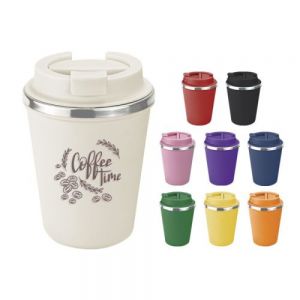 Vaso térmico con exterior de plástico e interior de acero inoxidable. Cuenta con tapa de rosca y boquilla con seguro. Cap. 350 ml (12 OZ