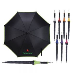 Paraguas de 8 gajos con botón de apertura automático, varillas y eje de fibra de vidrio. Cuenta con cintillo para guardar, orilla de color en los gajos, mango EVA con punta de color y cordón para transportar