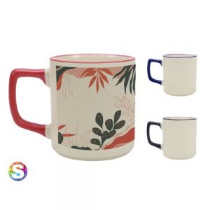Tarro de cerámica de sublimación con asa y filo de color. CAP. 400 ml. (13.5 OZ). Venta en múltiplos de 12