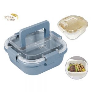 Box lunch de fibra de trigo con tapa hermética de plástico con broches de seguridad y asa.