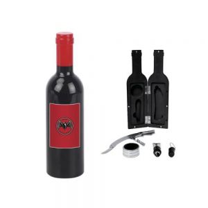 Set de vino con acabado brillante y punta de color que incluye: sacacorchos manual, servidor con tapón y boquilla, anillo anti derrames. Presentación: caja individual
