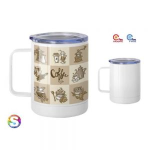 TAZA de doble pared para sublimación insulado al alto vacío. Mantiene las bebidas frías por 8 hrs y calientes por 4 hrs. Tapa transparente de cierre a presión con seguro deslizable y asa. CAP. 350 ml. (12 Oz.). Presentación: Caja en color negro