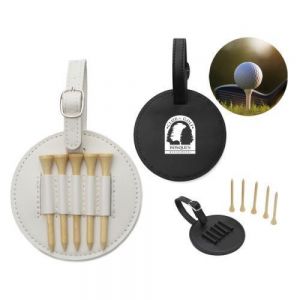 Estuche cosido con espacio individual para 5 soportes de bambú para pelotas de golf; cuenta con jareta con hebilla metálica, para colgarse en cualquier parte