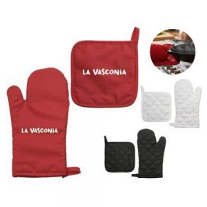 Set de guante para hornear y agarrador de cocina de tela capitonada para proteger del calor. Cuentan con presilla para colgar