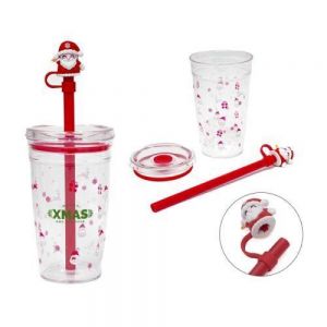 Vaso coleccionable de plástico transparente con motivos de Navidad, cuenta con tapa a presión anti derrames, sellos de silicón y popote rojo con protector de popote en forma de Santa Claus. Es ideal para bebidas frías. CAP. 450ml.