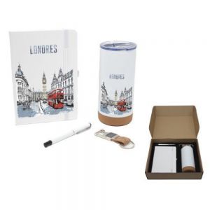 Set de regalo ideal para ejecutivos, incluye: 1 termo de acero inoxidable con base de corcho, CAP: 480 ml., 1 libreta A5 (media carta) de pasta rígida con 80 hojas rayadas, resorte para sujetar el bolígrafo y resorte con detalle de curpiel para cerrarla; 1 Bolígrafo de aluminio con tapa a presión y tinta de gel y 1 llavero