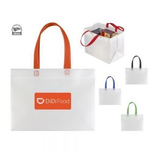 Bolsa ecológica termosellada con asas integradas en diferente color. Cuenta con fuelle extra ancho, ideal para entregas en restaurantes, cafeterías, etc
