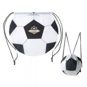Morral con diseño de balón de fútbol soccer, cuenta con jaretas ajustables y apertura central de hasta 35 cm