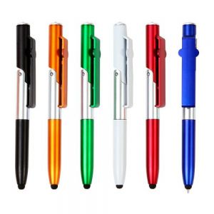 Bolígrafo de plástico con lámpara, puntero touch y diseño base para celular con tinta negra.