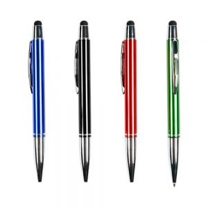Bolígrafo metálico con puntero touch, clip, punta y detalles cromados. Tinta de escritura negra.