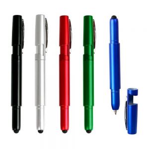Bolígrafo multifunciones de plástico con luz en interior para resaltar logotipo, touch, diseño porta celular en tapa y tinta negra.