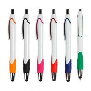 Bolígrafo de plástico retráctil con puntero touch, agarre de goma y tinta azul.