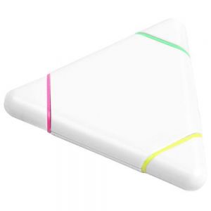 Figura de plástico en forma de triángulo en color blanco con 3 marca textos de colores.