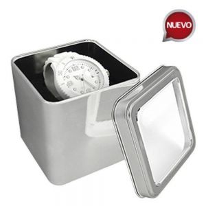 Estuche metálico cuadrado con ventana en tapa.