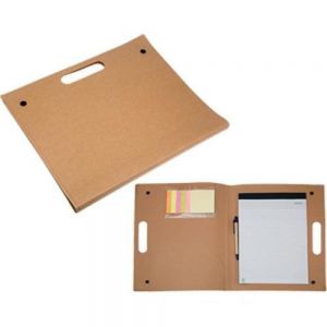 PORTAFOLIO ECOLOGICO GREEN TOP    Portafolios de cartón con broches de presión, block de 20 hojas rayadas, notas adhesivas y pluma ecológica.