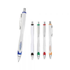 BOLIGRAFO ANDARES Bolígrafo de cuerpo blanco, forma ergonómica. Punta y clip cromado, detalle de color traslúcido en base.