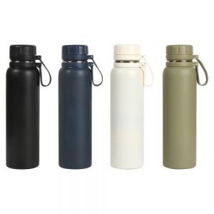 TERMO DOBLE PARED DE ACERO INOXIDABLE CON TAPA DE PLASTICO Y CORREA DE SILICON. CAPACIDAD 850ML